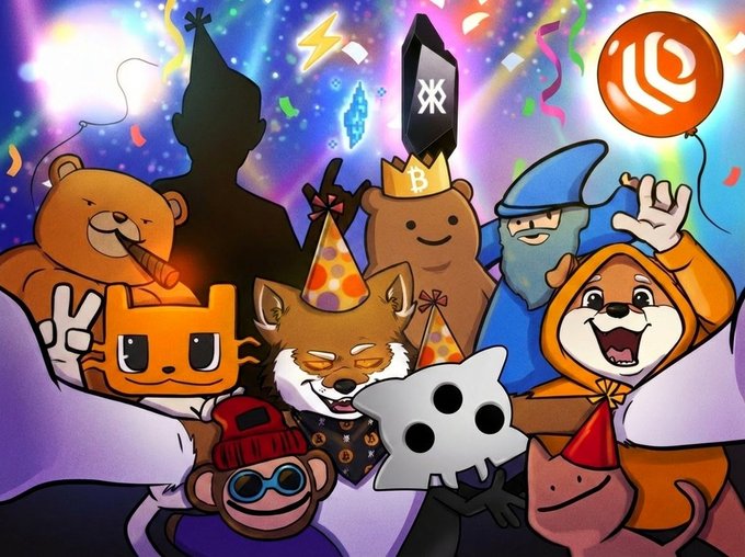 The image features a group of cartoon animals, including teddy bears, cats, dogs, and other creatures, all wearing party hats and holding balloons. The scene takes place at a party or celebration with a colorful background that includes stars and planets. The caption reads "LFG runes! #RUNEJUNE".