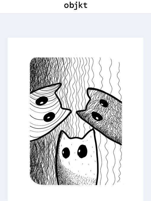 A black and white illustration of three ghost-like figures with dotted eyes, displayed in what appears to be an online listing with "objkt" at the top.