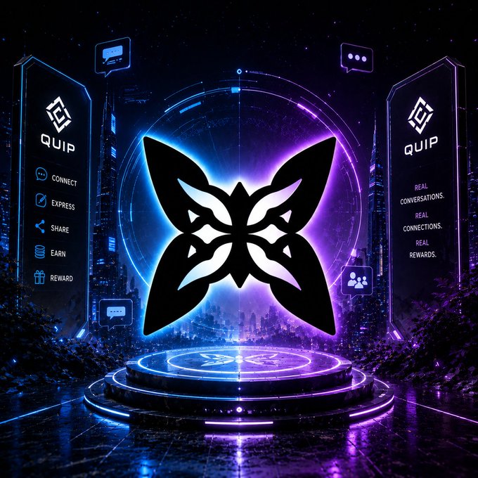 Futuristic neon cyberpunk logo for "QUIP" with butterfly-shaped emblem, displaying features like "CONNECT," "EXPRESS," "SHARE," "EARN," and "REWARD" with text "REAL CONVERSATIONS. REAL CONNECTIONS. REAL REWARDS."