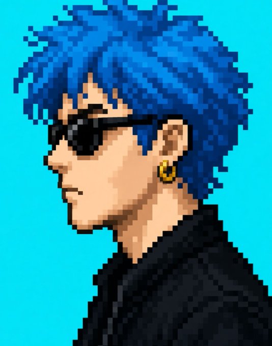 A pixel art style profile portrait shows a person with curly blue hair, dark sunglasses, a gold hoop earring, and a black jacket against a turquoise background.
