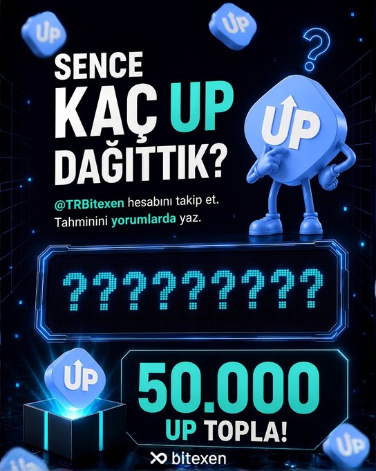 A Turkish promotional graphic for Bitexen featuring a blue 'UP' token character with text 'SENCE KAÇ UP DAĞITTIK?' and a prize of '50,000 UP TOPLA'.