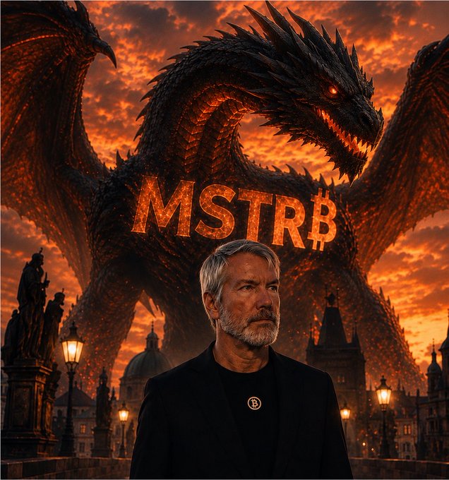 A man with gray hair and a beard stands in the foreground before a dramatic, fiery backdrop featuring a massive black dragon with glowing red eyes towering over a cityscape, with the text "MSTR₿" emblazoned in fiery orange letters—visually embodying the "monster" that Michael Saylor envisions for MicroStrategy.