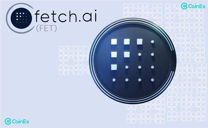 A CoinEx promotional graphic for the cryptocurrency 'fetch.ai (FET)' featuring a stylized 3D logo of the token against a light purple background.