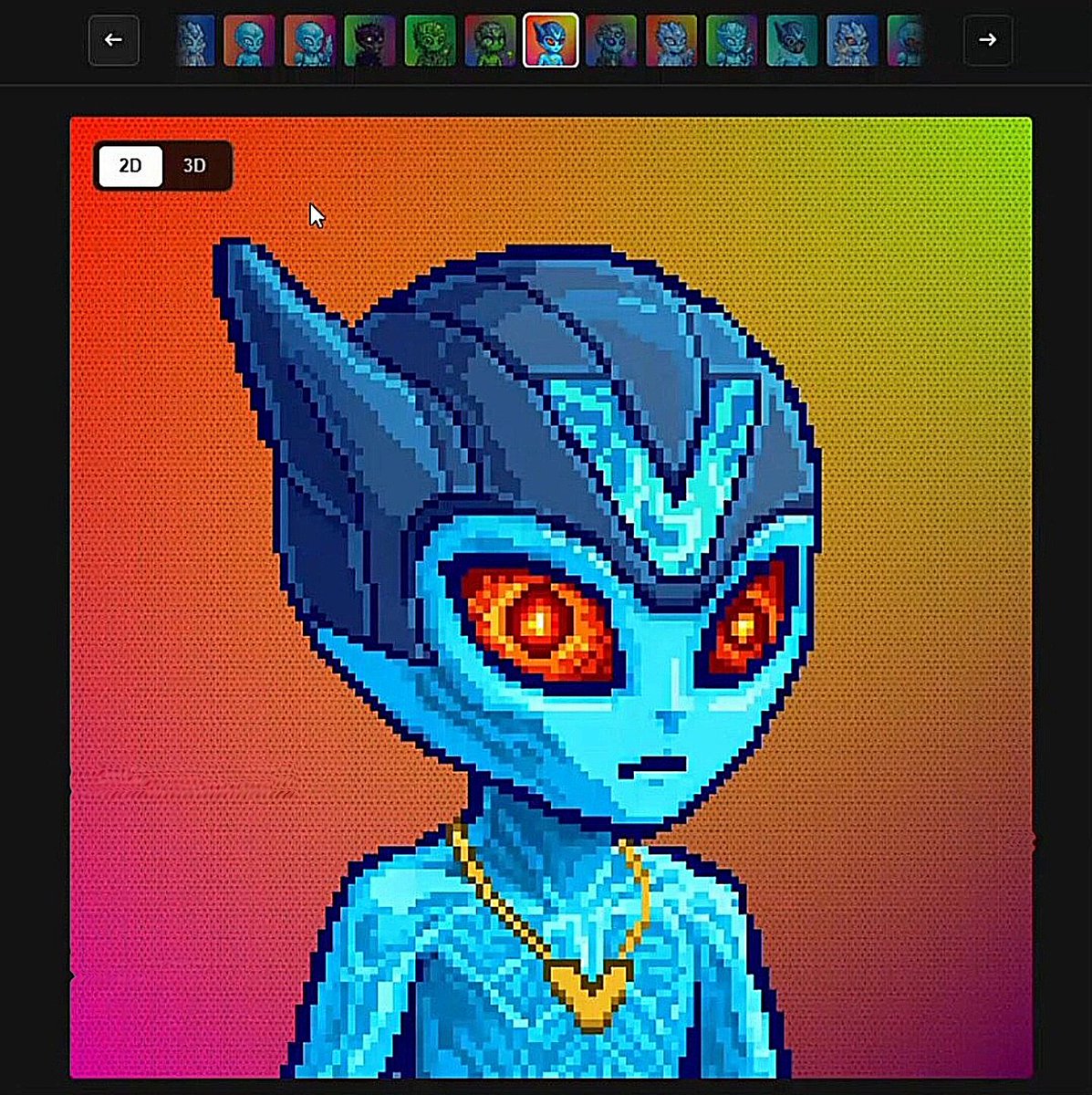 The image features a cartoon character with blue hair, wearing a helmet that has red eyes and gold accents. The character appears to be a robot or alien-like creature, possibly from outer space. The background of the image is a gradient of colors, transitioning from pink at the top to orange at the bottom. There are several other characters in the image as well, but they are not the main focus.