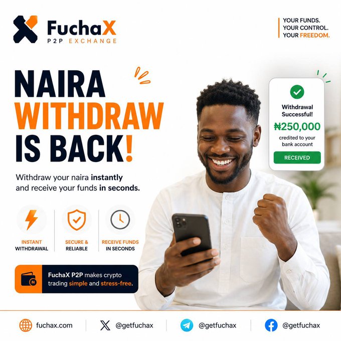 A promotional advertisement for Fuchax P2P Exchange announcing 'NAIRA WITHDRAW IS BACK!' showing a smiling man with his phone and a successful withdrawal notification of ₦250,000 credited to his bank account.