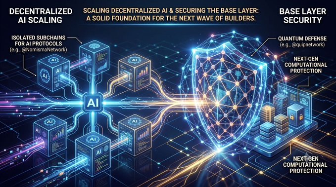 A futuristic infographic titled 'SCALING DECENTRALIZED AI & SECURING THE BASE LAYER: A SOLID FOUNDATION FOR THE NEXT WAVE OF BUILDERS,' showing isolated AI subchains connecting through a shield to base layer security with quantum defense.