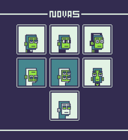A pixel art promotional graphic titled "NOVAS" displays seven character portraits arranged in a grid against a dark blue background, showcasing the collection's stylized green and blue blocky avatars. The artwork visually represents the 1,234 unique PFPs mentioned in the giveaway announcement for this no-roadmap NFT collection.