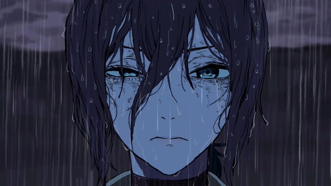 An anime illustration depicts a dark-haired character with a somber expression, drenched in rain, conveying a melancholic mood.