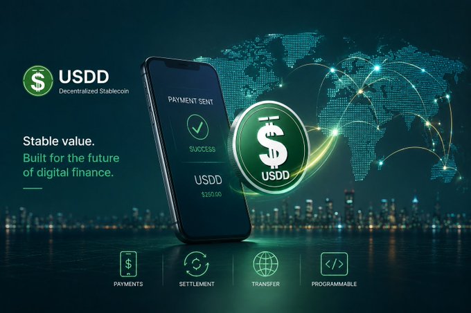 A promotional graphic for USDD Decentralized Stablecoin showing a smartphone displaying 'PAYMENT SENT SUCCESSFUL $250.00' alongside a green coin logo, with the tagline 'Stable value. Built for the future of digital finance.' and four feature icons (Payments, Settlement, Transfer, Programmable) over a digital world map background.