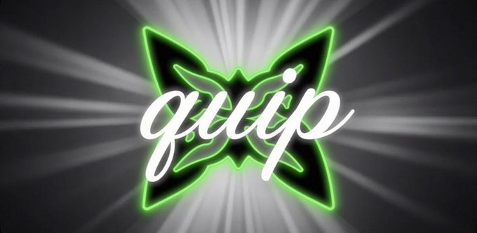 A glowing green butterfly or moth-like logo with the word 'quip' in white cursive script against a dark background with radiating light rays.