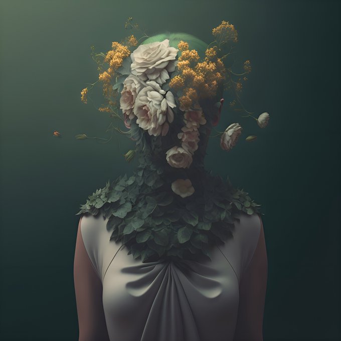 A surreal digital artwork showing the back of a person in an elegant white draped dress, whose head and neck are replaced by an arrangement of white and pink roses, green foliage, and delicate yellow flowers against a dark green background.