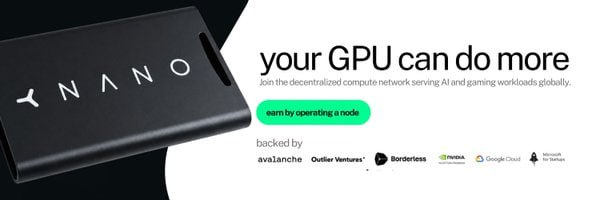 The image shows a sleek black device labeled "NANO" alongside text reading "your GPU can do more," inviting users to "earn by operating a node," with backing logos from Avalanche, Outlier Ventures, Borderless, NVIDIA Inception, Google Cloud, and Microsoft Startups. The accompanying post explains that these YOM NANO units are physical hardware devices now shipping to operators, connecting to a decentralized GPU compute network to expand distributed AI and gaming capacity—reinforcing the image's message that tangible hardware, not just promises, is driving the network's growth.