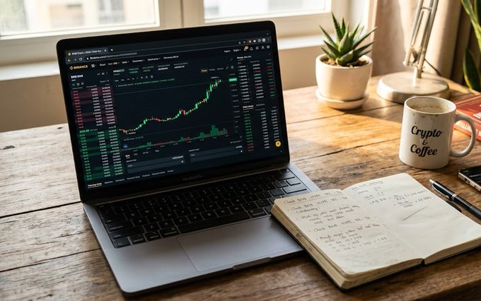 A laptop displaying a cryptocurrency trading chart (Binance) on a wooden desk alongside a notebook with handwritten notes, a coffee mug labeled 'Crypto & Coffee', and a potted plant.