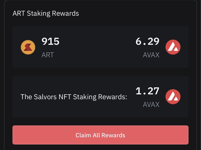 A dark-themed UI screen showing "ART Staking Rewards" with 915 ART and 6.29 AVAX tokens, "The Salvors NFT Staking Rewards" at 1.27 AVAX, and a "Claim All Rewards" button.