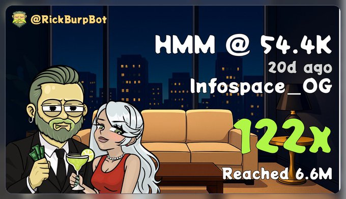 A cartoon-style promotional image featuring a bearded man in a suit holding cash and a martini alongside a white-haired woman in a red dress, with the caption boasting about calling HMM at $54K just 20 days ago with a 122x gain to $6.6M, credited to @RickBurpBot based on the Infospace_OG signal.
