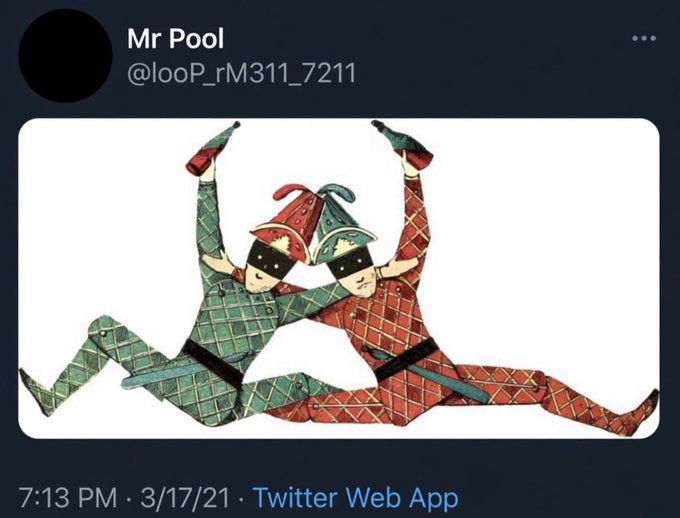 A tweet from "Mr Pool" (@looP_rM311_7211) posted on 3/17/21 shows two jester-like figures in diamond-patterned red and green outfits whose black blindfolds display the number "7," visually echoing the post's reference to "Double 7/13."