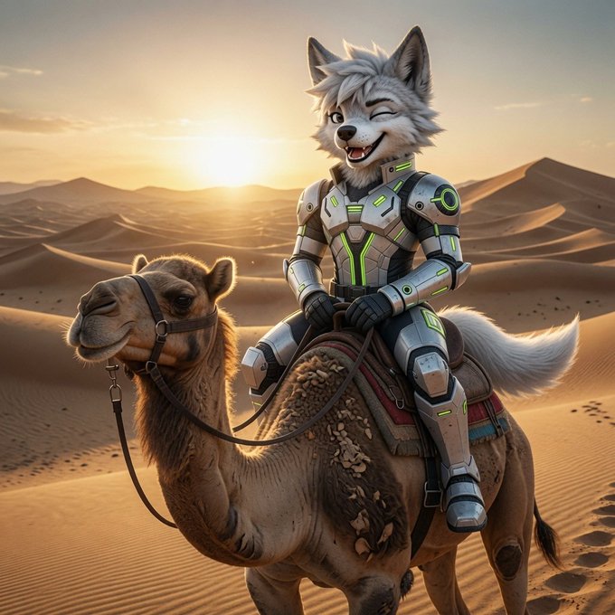 A digital illustration of a humanoid wolf character wearing futuristic armor riding a camel through a desert landscape at sunset.