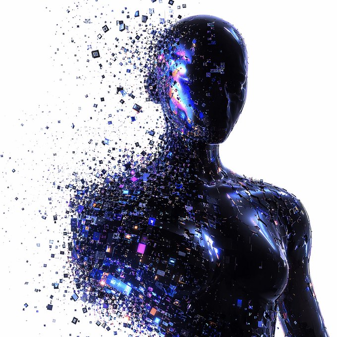 A futuristic 3D illustration of a glossy humanoid figure dissolving into glowing blue, purple, and pink digital pixels and particles against a white background.