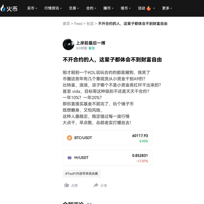 A screenshot of a Huobi (火币) crypto exchange community post titled "不开合约的人，这辈子都体会不到财富自由" (translated: "People who don't trade futures will never experience financial freedom"), where user "上岸前最后一搏" argues that major crypto fortunes like Bitcoin, Doge, and even Vida (with 10%-20% annual returns) require futures trading, while showing current prices of BTC/USDT at 60117.93 (+0.90%) and MV/USDT at 0.852831 (-17.07%). The post relates to the accompanying commentary debating whether futures trading is necessary for wealth accumulation, with the commenter mentioning their MV short position and missing out on further gains.
