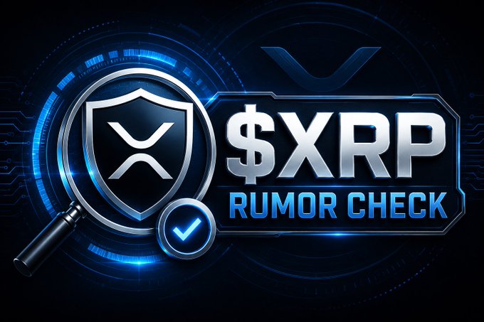 A futuristic blue digital graphic displays "$XRP RUMOR CHECK" in bold silver and blue lettering, alongside a magnifying glass framing the XRP logo inside a shield and a blue checkmark icon. The image visually reinforces the accompanying post's theme of fact-checking and verifying rumors about the cryptocurrency $XRP, specifically addressing Alex Jones's comments on government seizure and self-custody.