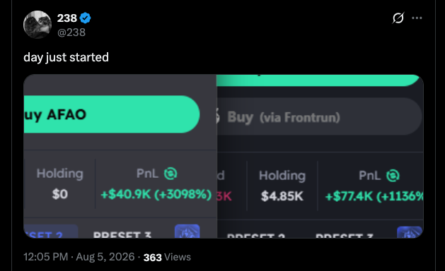 A screenshot of a tweet from @238 ("day just started") showing trading performance cards with PnL figures of +$40.9K (+3098%) on "Buy AFAO" and +$77.4K (+1136%) on "Buy (via Frontrun)," posted Aug 5, 2026. The image illustrates the user's point that early entries in new pairs can yield massive profits, which they argue incentivizes predatory "vamp" sniping and feeds profits to insiders.