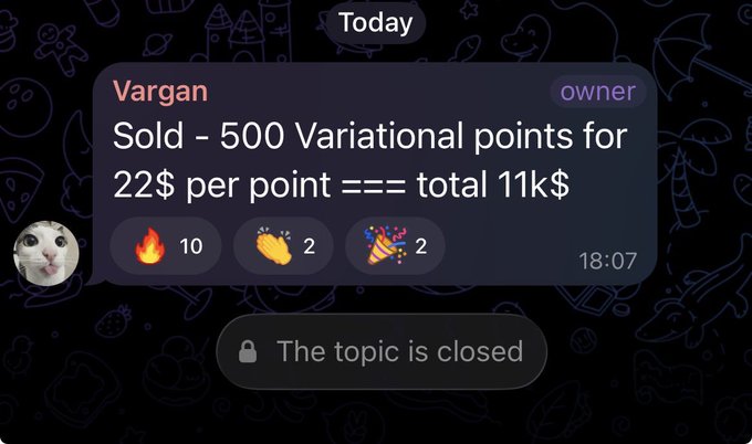 A Telegram chat from "Vargan" announces the sale of 500 Variational points at $22 per point, totaling $11,000, with reactions showing 10 fire emojis, 2 claps, and 2 party poppers, and the topic marked as closed at 18:07. The image supports the post's bullish sentiment by showing a completed high-value transaction, reinforcing the claim of increasing demand and suggesting future price appreciation toward $30 per point.