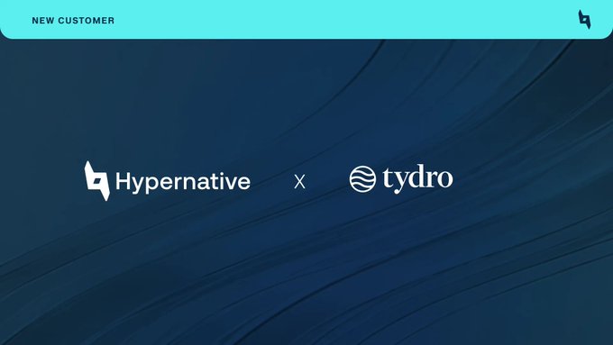 A graphic announcement with a dark blue background and teal banner reading 'NEW CUSTOMER' showing the logos for 'Hypernative' and 'tydro' separated by an 'X' to denote a new partnership or client.