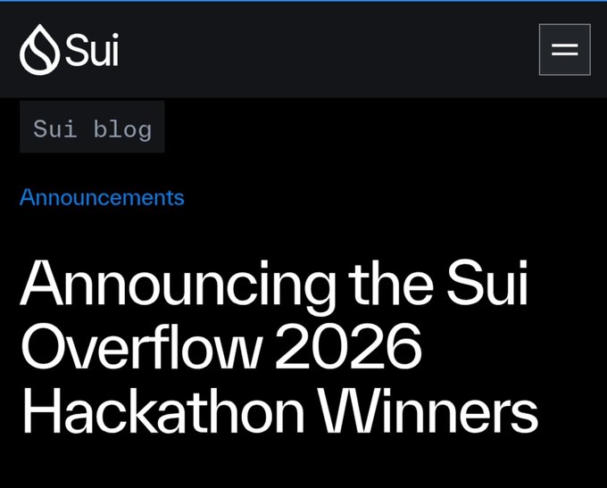 A screenshot of the Sui blog webpage displays an announcement titled 'Announcing the Sui Overflow 2026 Hackathon Winners'.