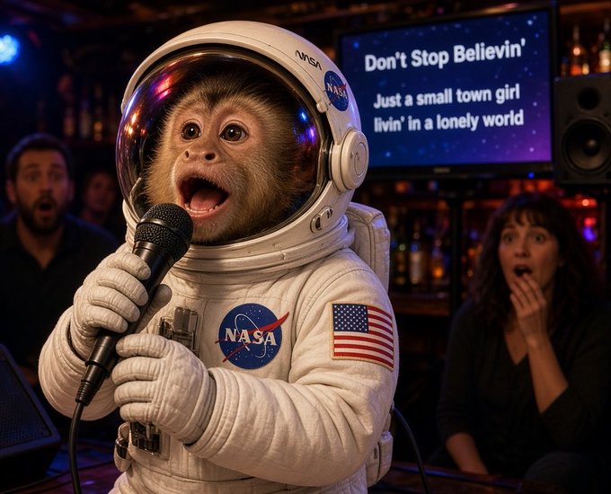 An AI-generated image of a monkey wearing a NASA spacesuit and helmet, singing into a microphone in a bar setting, with lyrics 'Don't Stop Believin'' and 'Just a small town girl livin' in a lonely world' displayed on a screen behind.
