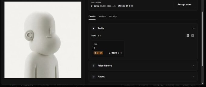 An NFT marketplace interface displaying a 3D white figurine for sale at a top offer of 0.0085 WETH ($12.12), ending in 24 hours.