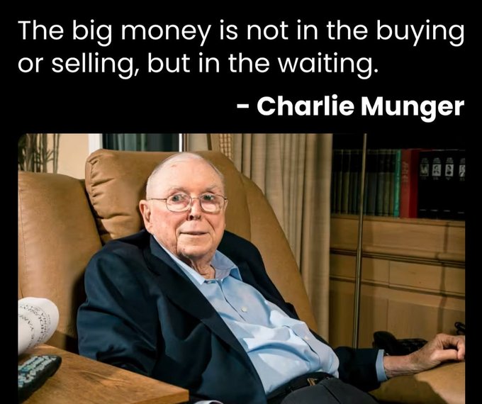 An elderly man sits in a brown leather armchair in front of a bookshelf, with a quote overlaid that reads: 'The big money is not in the buying or selling, but in the waiting. – Charlie Munger'