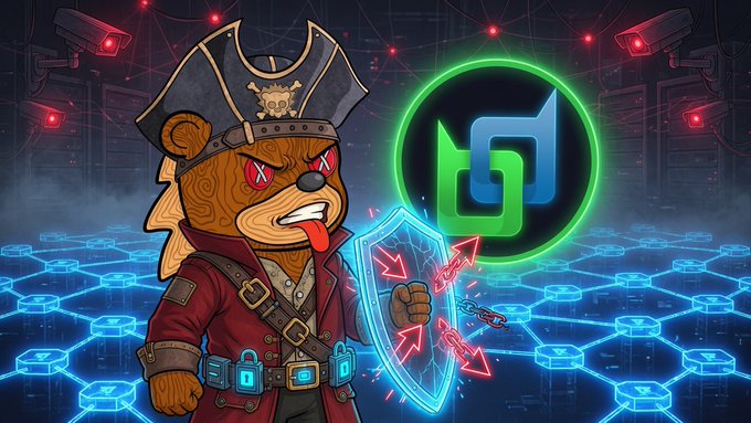 A fierce pirate bear mascot with glowing red eyes defends a digital shield against arrows, standing beside the green Beldex logo on a futuristic blue blockchain grid. The image visually reinforces the post's message about privacy by depicting a vigilant guardian protecting users from the data leaks, tracked messages, and exposed transactions of the traditional web that Beldex aims to solve.
