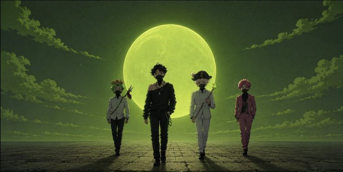Four anime-style characters walk toward the viewer under a glowing green full moon, with one in the center dressed in black flanked by three others in suits, their faces obscured in shadow—evoking a mysterious, cult-like ensemble often associated with NFT project art or profile pictures. The atmospheric, cinematic composition reflects the post's theme of curating whitelisted NFT communities and collectors, using the dramatic imagery to brand the group as exclusive and edgy.
