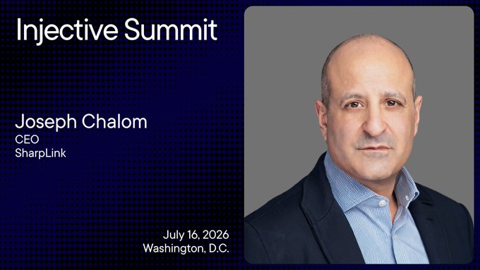 The image features a man wearing a suit jacket with a blue shirt underneath. The man has short hair and appears to be balding. He is standing against a gray background, which contrasts with his dark attire. In the top left corner of the image, there's text that reads "Injective Summit" followed by an event date and time. The main focus of the image is on Joseph Chalom, who is identified as a co-founder of BlackRock and currently leads Sharplink.