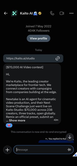 A WhatsApp conversation with 'Kaito AI' (40.4K Followers) showing a message about a '$70,000 AI Video contest' hosted on Kaito Studio by Newtake, an AI agent for cinematic video production, open to 238 creators across three tracks with a deadline referenced in the message.