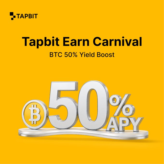 A yellow promotional graphic for Tapbit's 'Earn Carnival' advertising a BTC 50% Yield Boost, featuring a 3D silver Bitcoin coin and '50% APY' text.