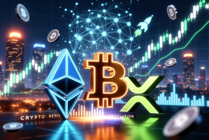A cryptocurrency-themed graphic showing the Bitcoin, Ethereum, and XRP logos with 'CRYPTO REVOLUTION' text against a city skyline and stock chart background.