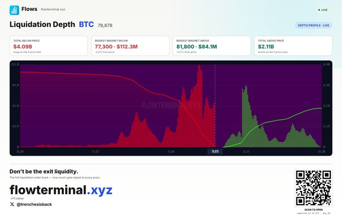 A BTC liquidation depth chart from flowterminal.xyz showing $4.09B in long positions at risk below the current price of $78,878 versus $2.11B in short positions above, with the nearest downside magnet at $77,300 ($112.3M). The visualization illustrates the asymmetric leverage setup described in the post, where the heavier pool of longs below roughly 2x outweighs the shorts above, supporting the bearish sub-$76K scenario being speculated on.