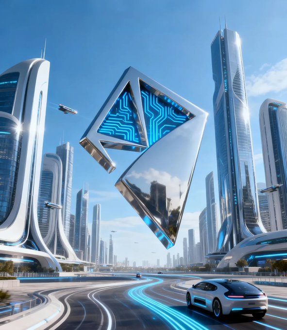 A futuristic cityscape featuring towering glass skyscrapers, flying vehicles, and a floating geometric structure with glowing blue circuitry, while a silver car drives along a road with neon blue light trails.