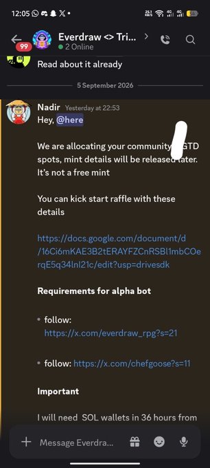 A screenshot of a Discord message from 'Nadir' in the 'Everdraw' server discussing the allocation of community mint spots and outlining requirements for an alpha bot, including a deadline for SOL wallets.