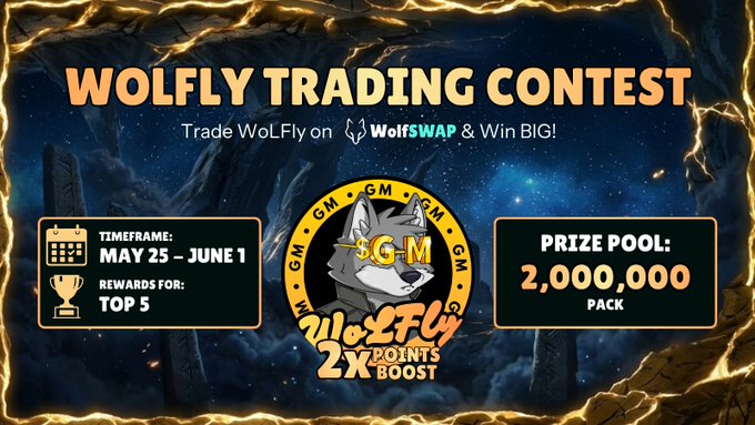 The image features a poster advertising a trading contest called "Wolffly Trading Contest". The poster displays a graphic of a wolf, with the text "Wolffly Trading Contest" written above it. Below the wolf, there are two options for participating in the contest - "Trade WolFly on Wolfswap & Win Big", and "Trade WolFly on Wolfswap & Win Big 2x". The poster also includes details about the prize pool and how to enter the contest.