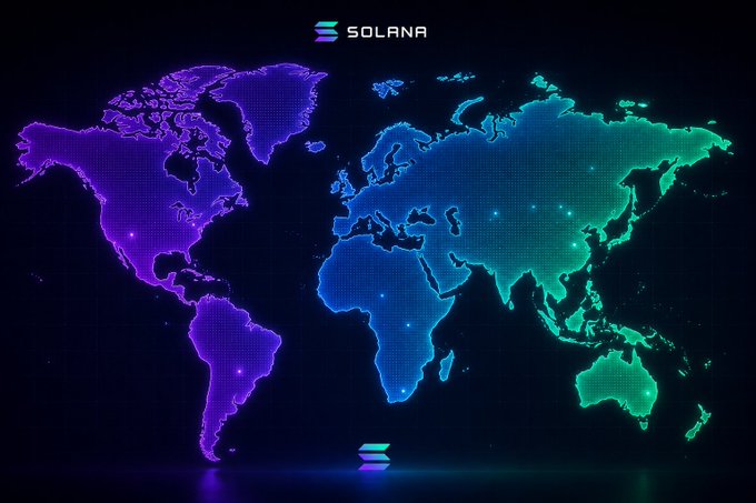 A neon-lit world map transitions through a gradient from purple in the Americas to teal and green across Africa, Europe, and Asia, with the "SOLANA" logo and emblem displayed above and below. The glowing hemispheres visually reinforce the message that Solana's blockchain infrastructure spans worldwide, supporting global finance across every continent.