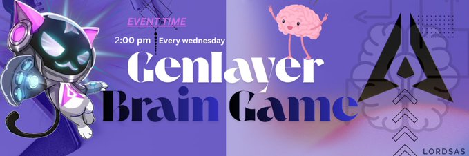 The image features a purple banner with white text that says "GENLAYER BRAIN GAME". The banner also includes an illustration of a cat wearing headphones, which adds a playful touch to the overall design. The caption below the banner reads "Do you know the AI & BLOCKCHAIN QUIZ is now rebranded as GENLAYER BRAIN GAME" and encourages viewers to join in on the fun by participating in the brain game every Wednesday at 2:00 PM.