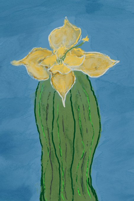 A digital painting of a yellow daffodil-like flower with green stem against a blue background.