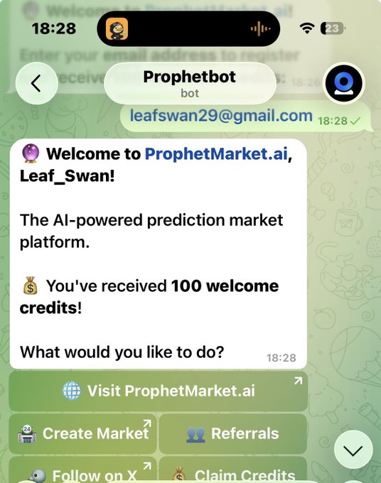 The image shows an open message conversation between two people, with one person typing out a message about ProphetMarket AI and another person responding with a message of thanks for receiving 100 credits. The conversation also includes emojis related to the Prophet Market AI app.