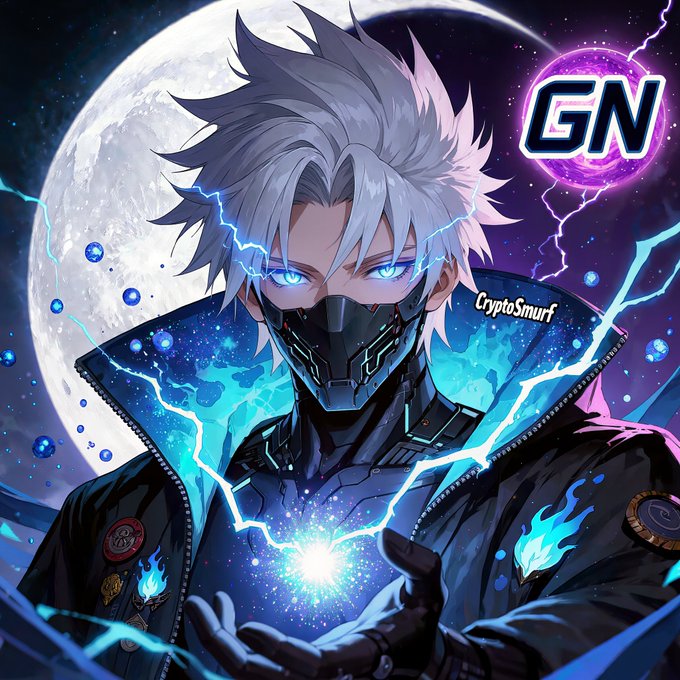 The image features an anime-style character with spiky white hair, glowing blue eyes, and a futuristic black mask, channeling crackling blue lightning energy between his hands against a moonlit night sky backdrop. The text "GN" appears in bold neon lettering in the upper right corner, along with "CryptoSmurf" visible on the character's coat, tying into the post's casual "goodnight" sign-off after a 14-hour work day.