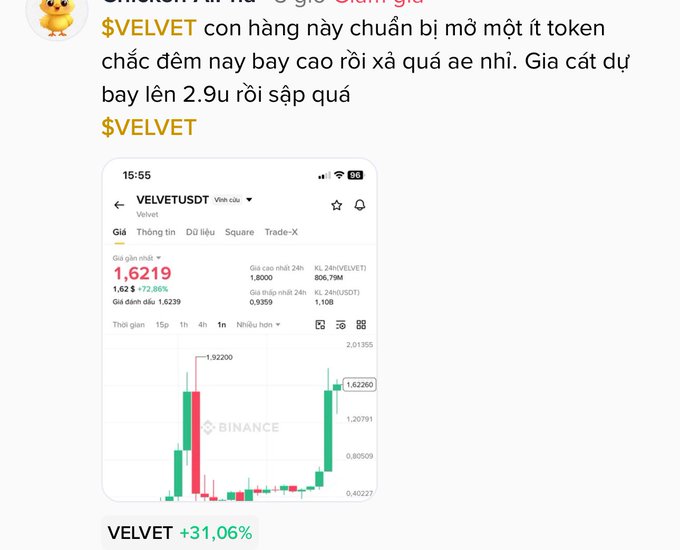 A Binance chart of the $VELVETUSDT token shows it currently trading at $1.6219, up 72.86% in 24 hours with a recent peak near $1.92, while the post warns that despite these gains, an upcoming token unlock often precedes sharp dumps, urging caution and a preset exit plan before buying in.
