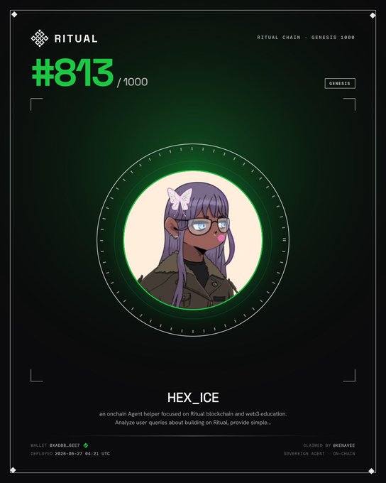 A digital certificate from Ritual Chain displaying "#813/1000" for the Genesis 1000 collection, featuring an anime-style character called "HEX_ICE" — an onchain agent helper for Ritual blockchain education, claimed by @hexavee. The image directly celebrates the user's achievement of securing spot #813 in Ritual's Genesis 1000 registry, marking their agent's permanent onchain presence.