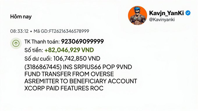 A tweet from verified user @Kavinyanki (@Kavjn_Yanki) shows a bank transaction notification of a 82,046,929 VND (~$3,150 USD) transfer from X Corp (Twitter) for paid features, which the post celebrates as his 14-day earnings from X.