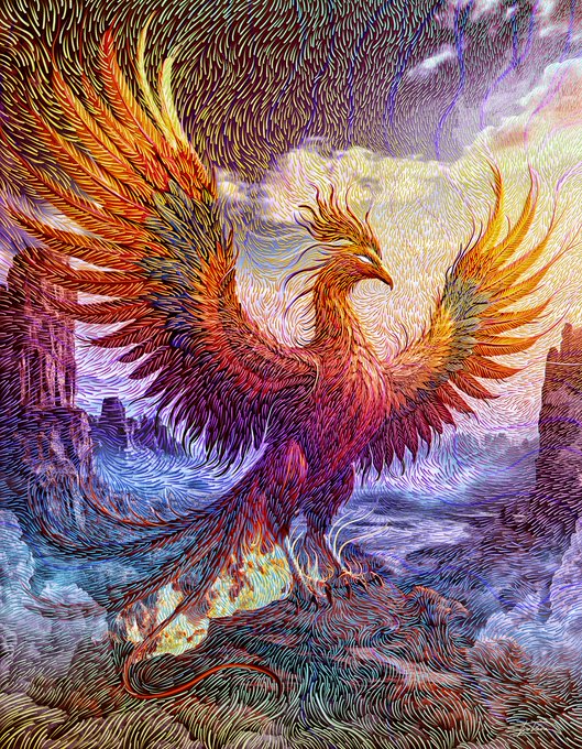 A vibrant, stylized digital artwork of a phoenix with fiery orange, red, and purple plumage rising against a swirling, textured sky and sea background.